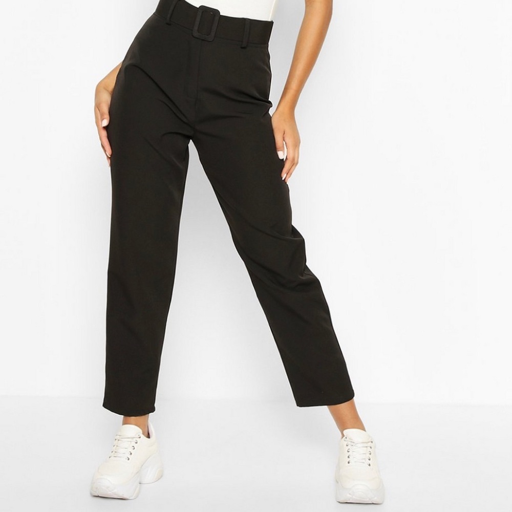 Wide Buckle Belt Straight Tapered Pants